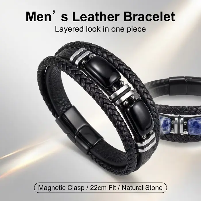 Bracelet à breloques classique pour hommes, pierre naturelle, œil de tigre, obsidienne, boucle magnétique, en cuir, bijoux cadeau pour hommes
