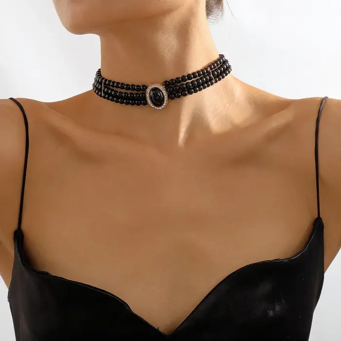 Collier de perles multicouches noir élégant pour femmes, Vintage, ras du cou, chaîne de clavicule, a