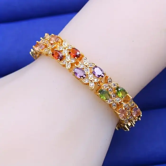 Bracelet tennis élégant avec zircone synthétique multicolore – Style luxueux vintage, plaqué or 18 c