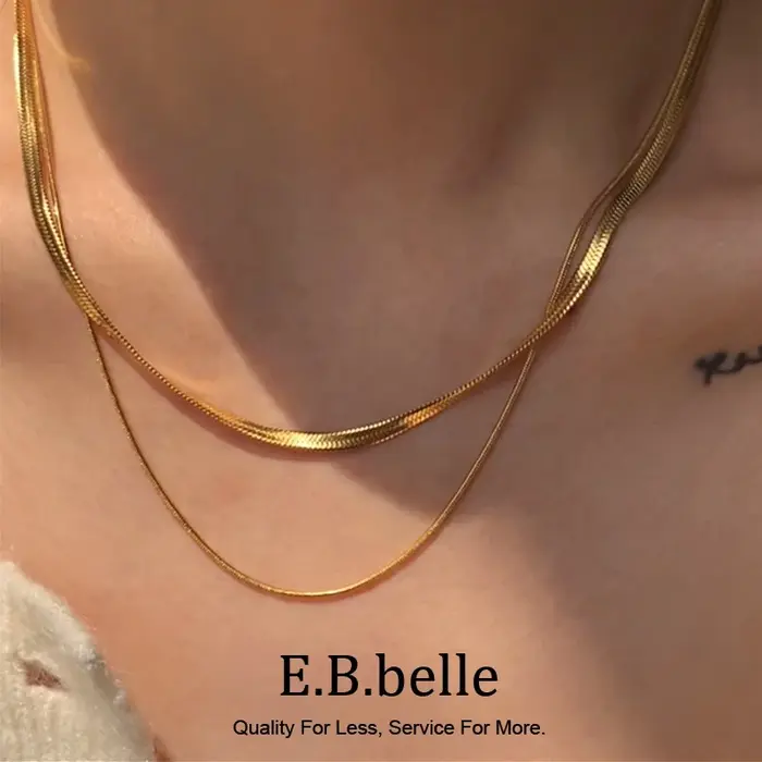Collier Double Couche en Chaîne Herringbone et Chaîne Serpent Fine Plaquée Or pour Femme Occasions Spéciales