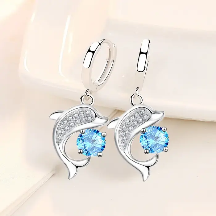 Mignon petit dauphin jouant boule boucles d'oreilles Aqua bleu cristal rond pierre cerceau boucle d'
