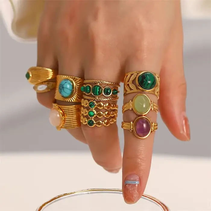 Bague en pierre plaquée or pour femme, matiques ouvertes réglables, bijoux bohèmes vintage, cadeau d'anniversaire, nouveau design, mode 2024