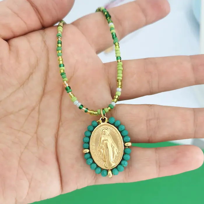 QMHJE vierge marie pendentif en acier inoxydable collier à breloques femmes tour de cou perles chaîn