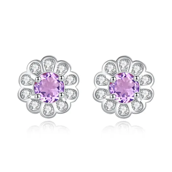 Boucles d'oreilles en argent Sterling 925 améthyste, rondes en forme de fleur, en cristal naturel, c