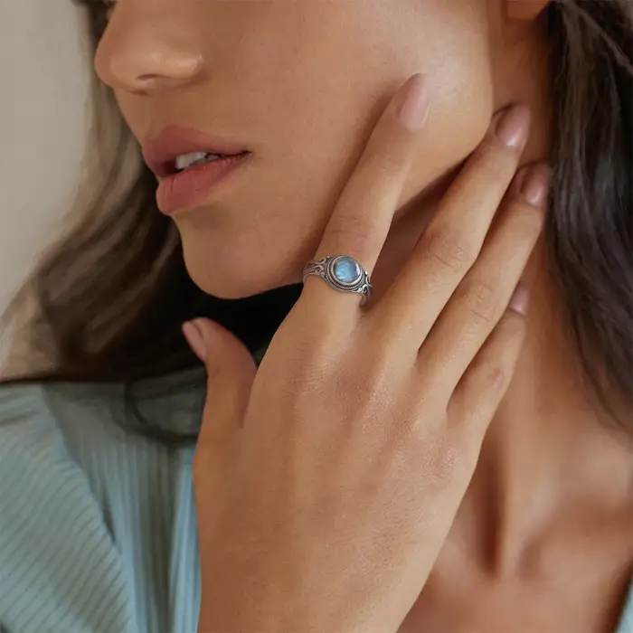 Bague en argent sterling 925 avec labradorite naturelle ronde pour femmes et hommes occasions spéciales vintage élégance prestige