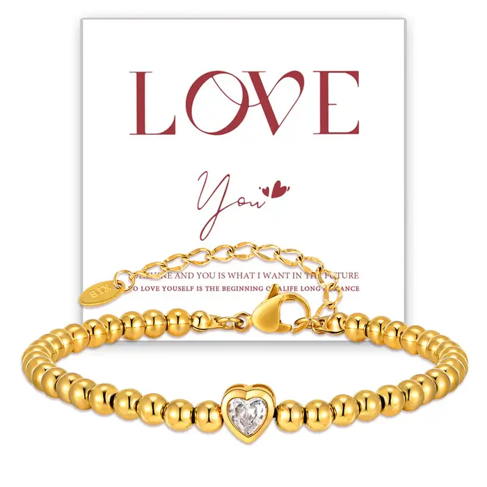 Bracelet Perlé en Acier Inoxydable VNOX Pour Femme Occasions Spéciales Coeur Zircone Cubique Doré Décontracté Sportif