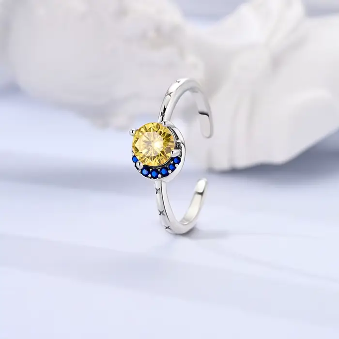 Bague originale en argent Sterling 925, anneaux ouverts soleil et lune scintillants pour femmes et f