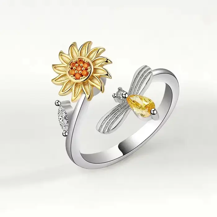 Bague anti-stress pour femmes, design abeille et fleur rotative, bijoux de mode ajustables en zircon