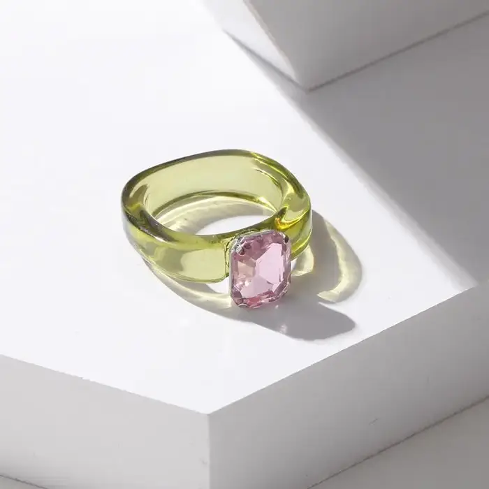 Bague en résine et zircon pour femme, style simple et élégant, pierres colorées, idéale pour les fêt