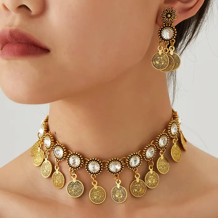Bohème femmes gitane couleur or pièce gland collier boucle d'oreille femme mariée classique Vintage 