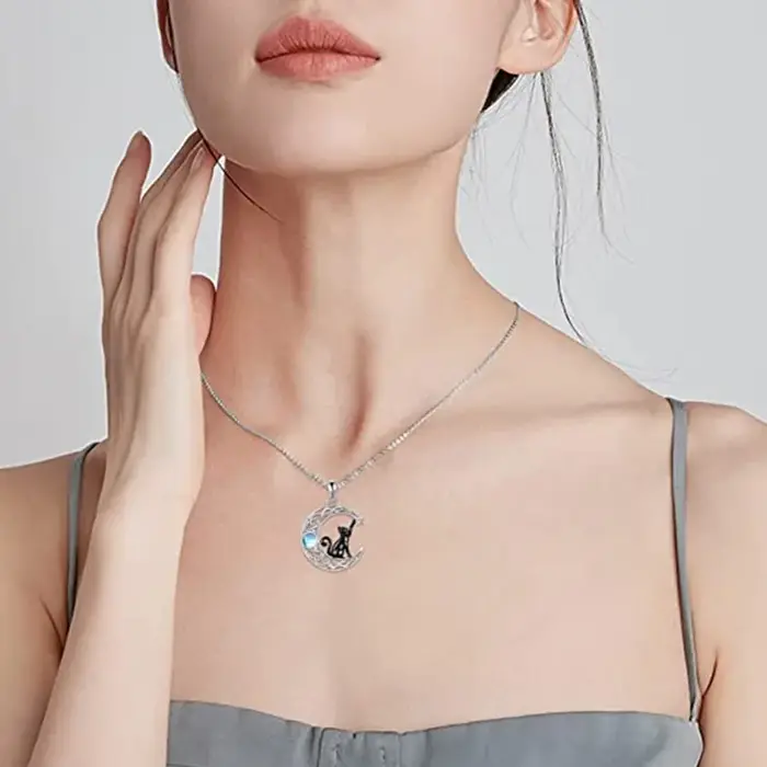 Collier pendentif lune chat noir vintage mignon pour femmes et adolescentes