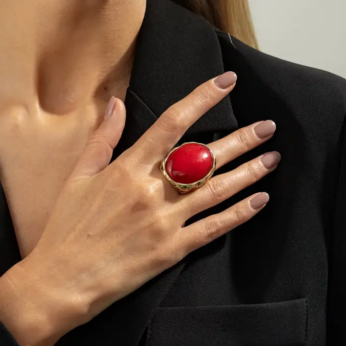 Bague rétro ovale en résine rouge pour femmes, Imitation de pierres précieuses, métal martelé, large