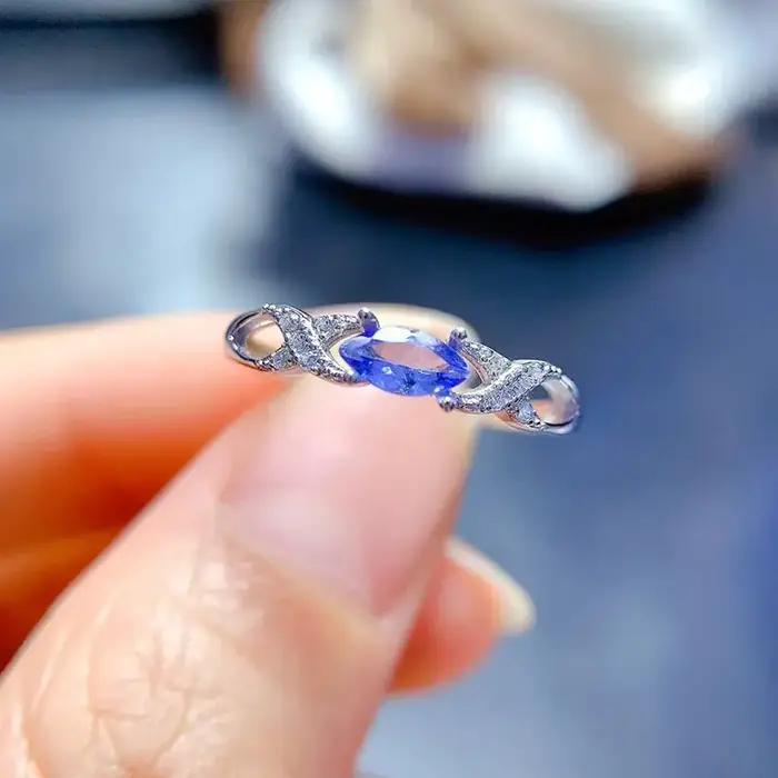 Bague en Tanznaite en argent 925, exquise, 3mm x 6mm, 0,2 ct, bijoux en Tanzanite naturelle avec 3 c