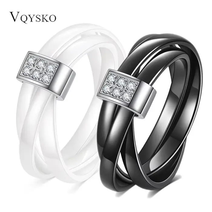Bague à trois anneaux en céramique noire et blanche sertie de diamants à double rangée de 8MM pour couples