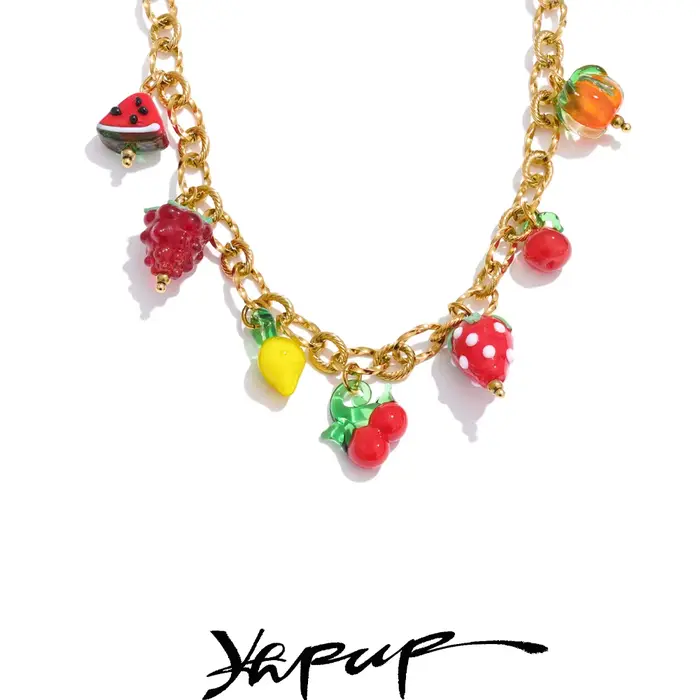Yhpup Sweet Spring Summer Collier Pendentif Breloque Fruit en Émail Coloré, Acier Inoxydable Couleur Or, Bijoux Tendance