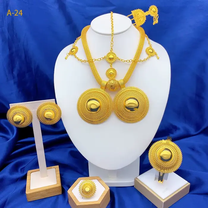 Ensemble de bijoux plaqué or 24 carats de Dubaï, 6 pièces, pour femme, style africain, indien, éthio