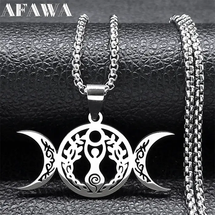Sorcière Triple lune déesse Luna collier pour femmes hommes acier inoxydable couleur argent amulette Hecate chaîne