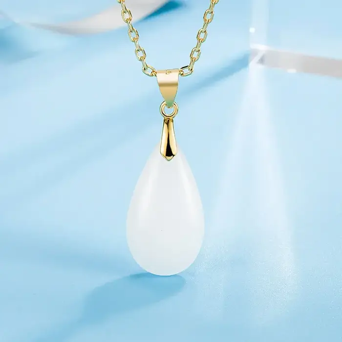 Ensemble de bijoux en argent Sterling 925 avec pendentif goutte de jade blanc pour femmes occasions spéciales fiançailles mariage anniversaire party
