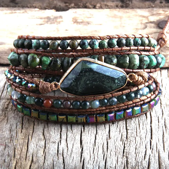 RH mode Boho Bracelet africain Turqu pierres naturelles herbe vert charme 5 brins tissé Bracelets d'