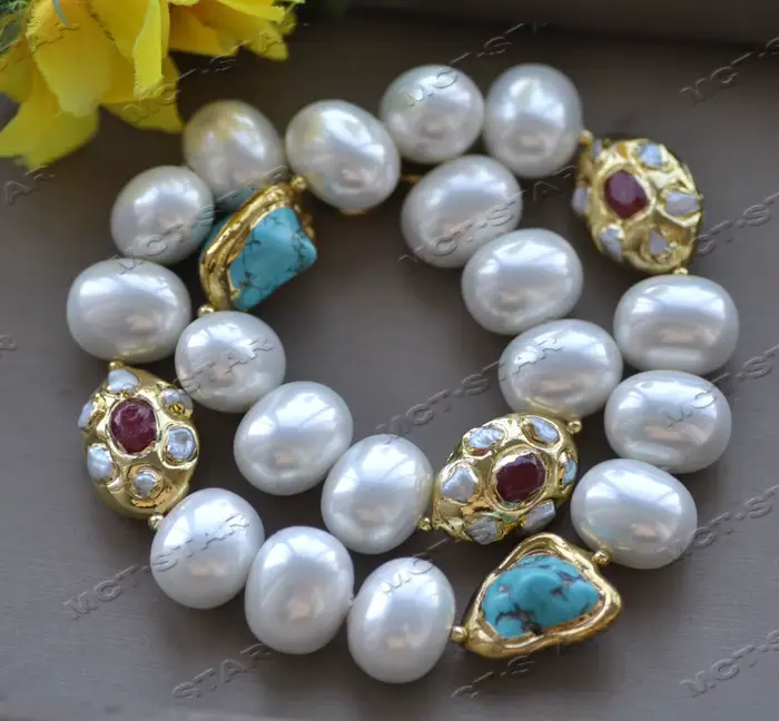 MTC · STAR Z12400 20 ''26mm Agate rouge bleu Turquoise plaqué or collier de perles de coquillage bla