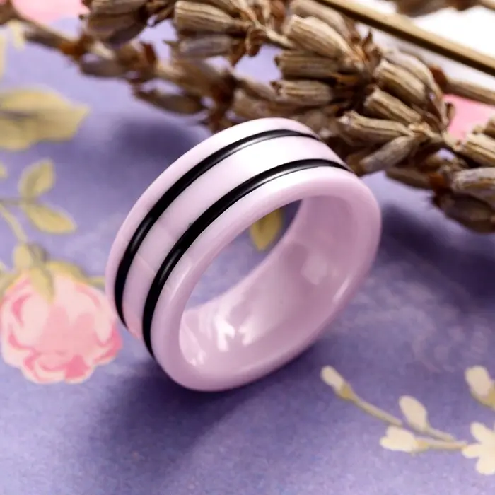 Bague en céramique coupée à la main pour femme, rose clair et noir, alliance de mariage pour soirées et événements spéciaux