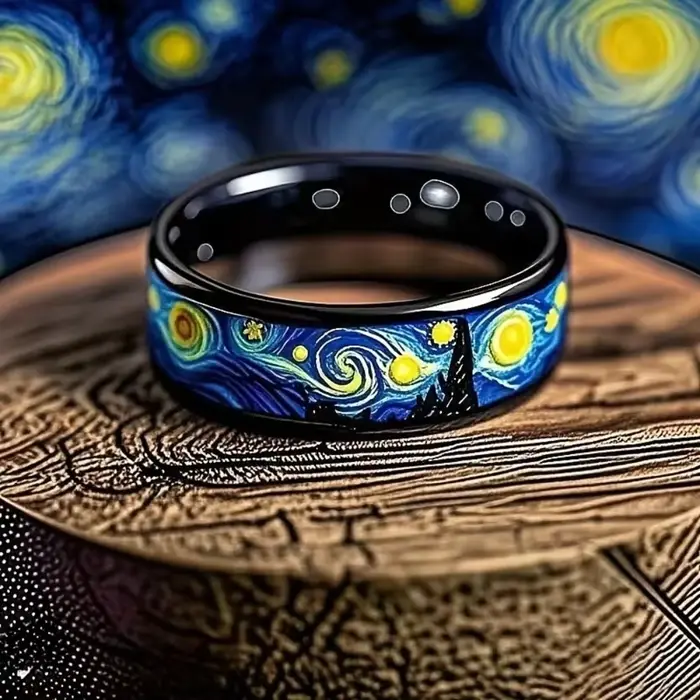 Bague noire à motif de nuit étoilée Unique pour hommes et femmes