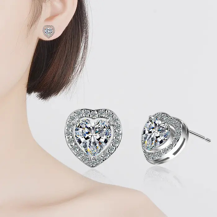 Boucles d'oreilles en argent 925 avec zircone en forme de cœur pour femmes et enfants