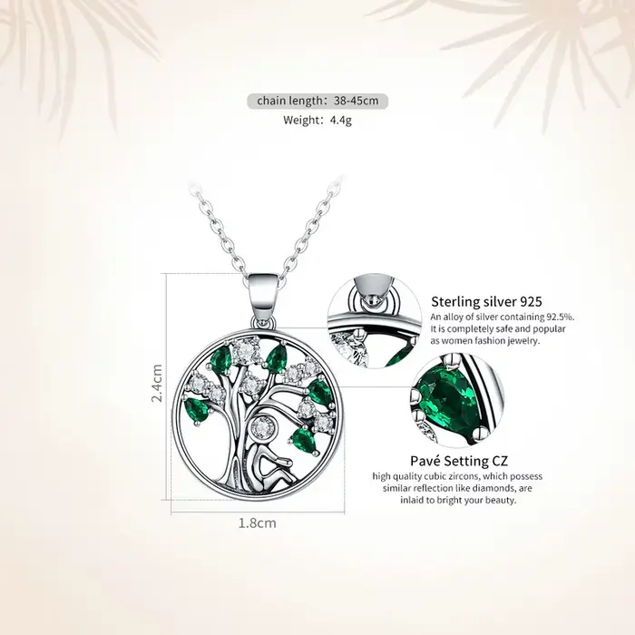 WOSTU Collier Arbre de Vie en argent sterling 925 véritable, pendentif rond en zircone cubique verte, bijoux Arbre de Famille, cadeau pour elle
