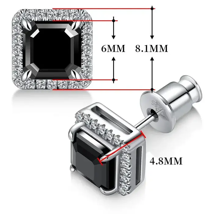 Boucles d'oreilles à clous en Moissanite noire, en argent Sterling S925, diamant coupe Asscher, pour
