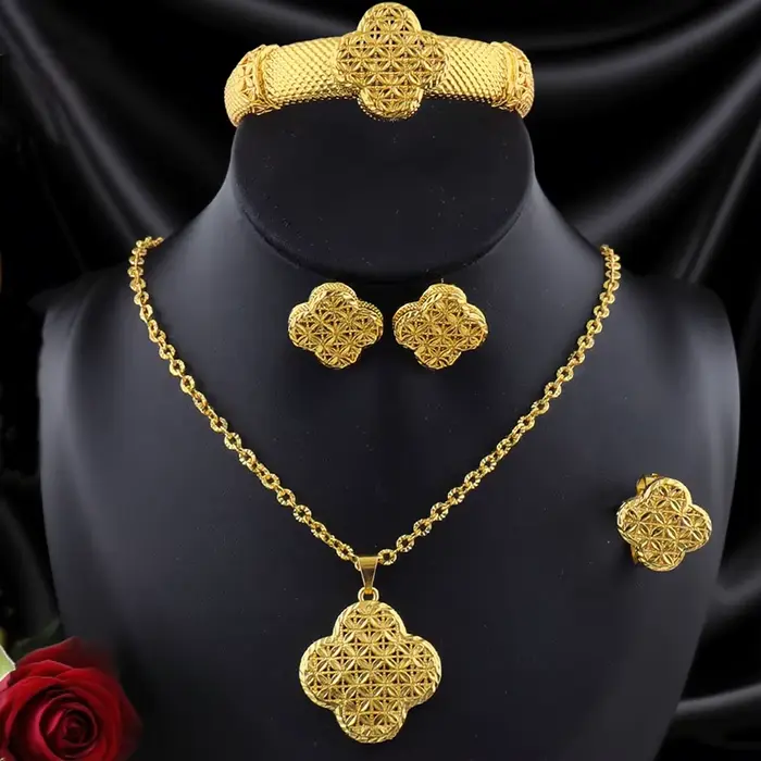 Dubaï plaqué or boucles d'oreilles collier bracelet bague ensembles pour femmes inde luxe fleur form