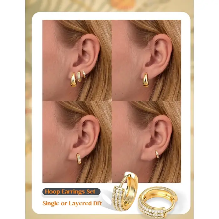 ORAZIO Boucles d'oreilles créoles plaquées or 14 carats pour femmes, ensemble de boucles d'oreilles hypoallergéniques pour oreilles sensibles, non ternissables, 3 paires