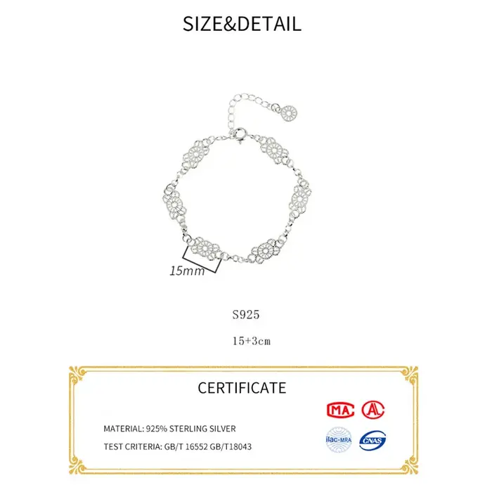 Bracelet en argent sterling 925 dentelle élégant pour femmes motifs géométriques fine bijou occasions spéciales