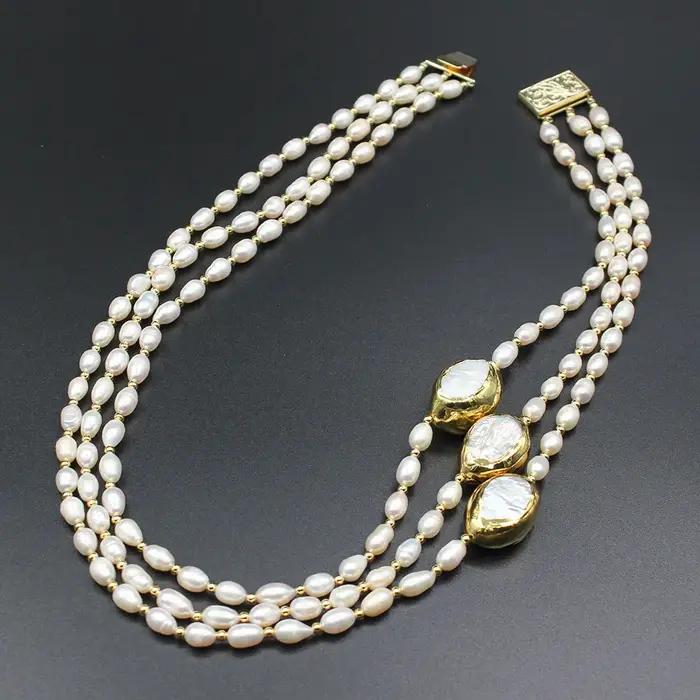 GuaiGuai – collier de perles de riz de culture, bijoux à 3 rangées, perles Keshi plaquées or, connec
