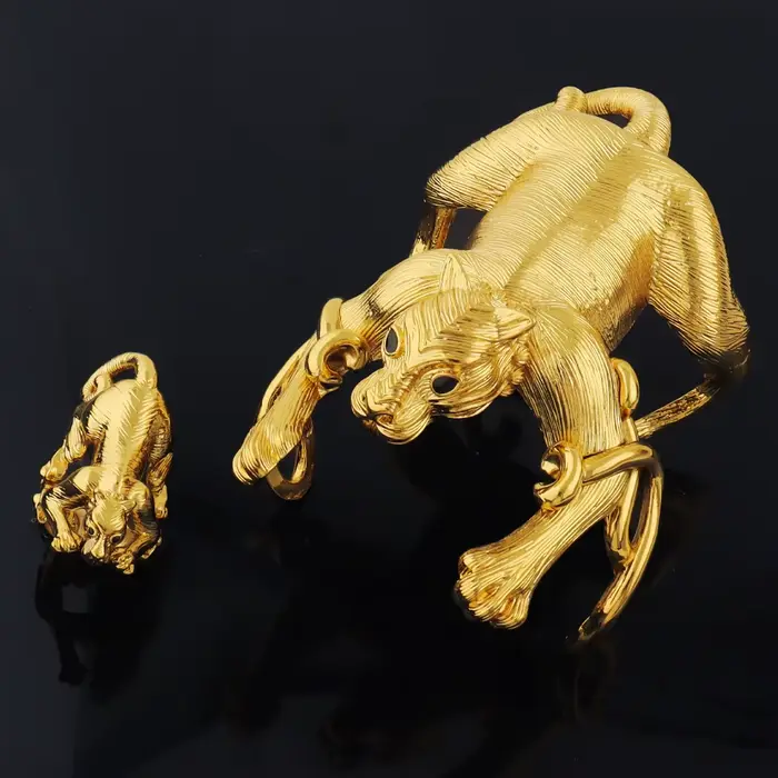 Bracelet léopard exagéré avec bague, ensemble de bijoux pour femmes, manchette de couleur or de dubaï, bague de Cocktail, ensemble de 2 pièces pour cadeaux de mariage