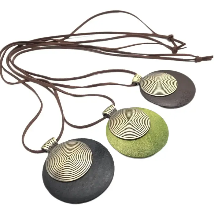 Collier long en coton et lin de style ethnique vintage pour femme, bague en bois simple, collier en 