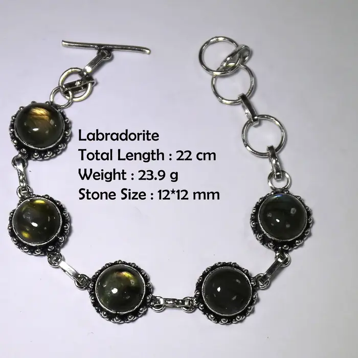 Bracelet en labradorite véritable, argent et cuivre