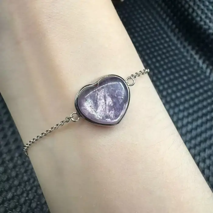 Unité un Bracelet 925 argent avec joli mignon naturel violet lépidolite cristal amour coeur pierres précieuses