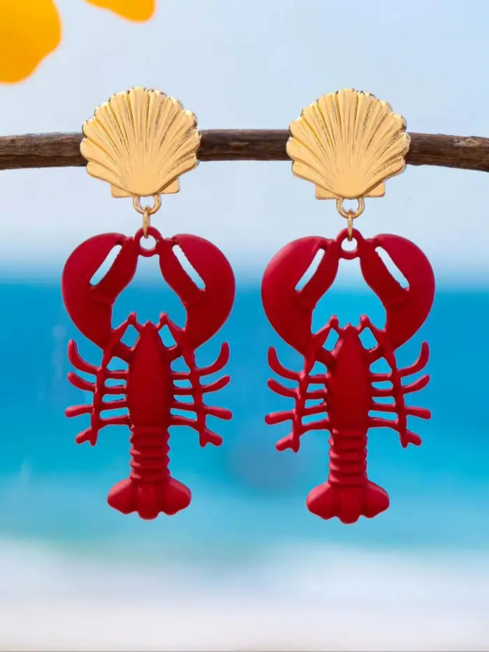 Boucles d'oreilles pour femmes, créatives et exagérées, en forme de coquille de homard rouge, idéale