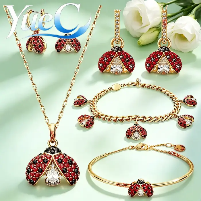 Parure de bijoux 2026 YueC Coccinelle Mignonne en Zircon Cubique, Collier, Boucles d'oreilles, Bracelet, Mode Luxe Léger