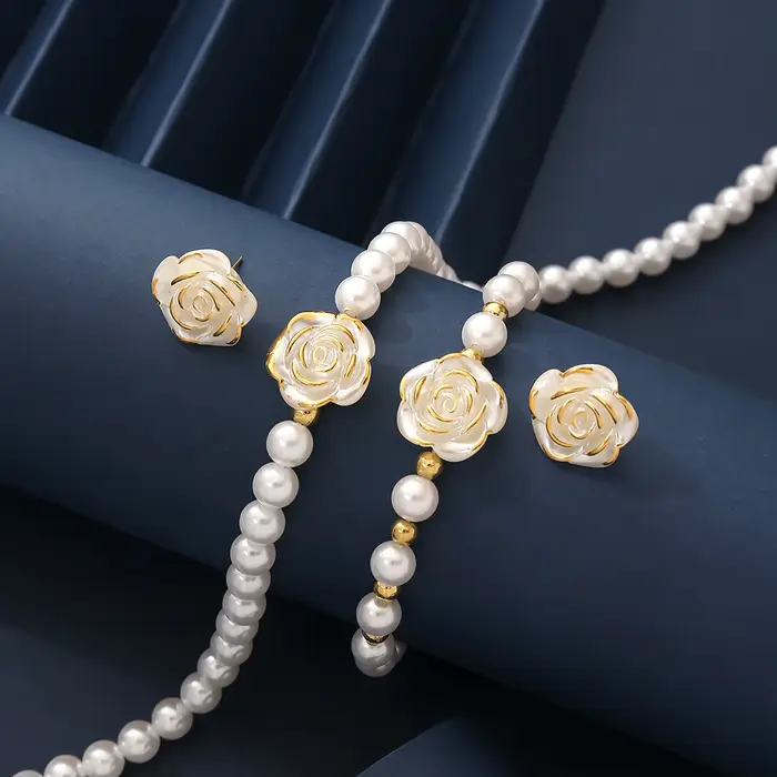 Ensemble de bijoux en imitation de perles pour femmes, fleur délicate, collier/boucles d'oreilles/bracelet, engagement, quotidien, fête, mariage