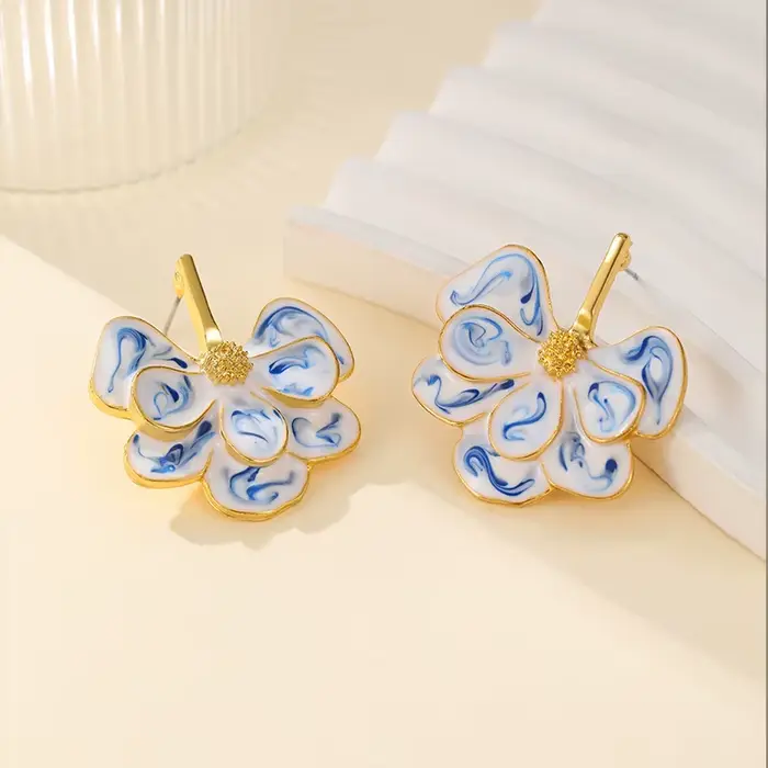 Boucles d'oreilles pendentif motif porcelaine bleue et blanche, Vintage, en céramique, boule de cœur