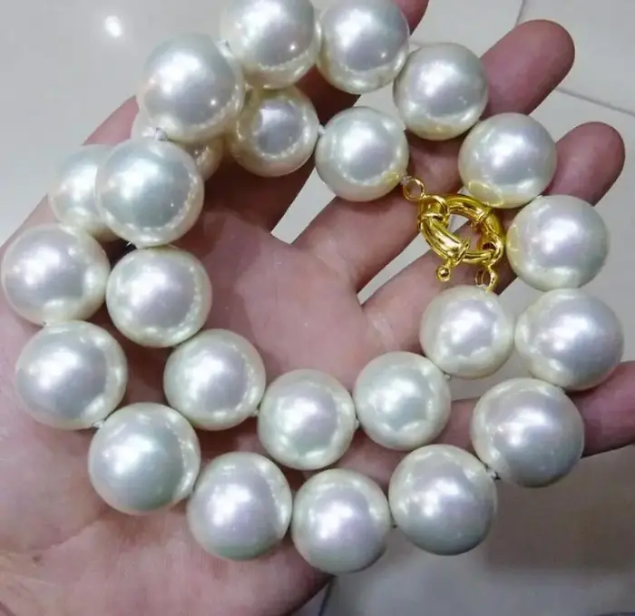 Collier de perles de coquillage du sud, 18 pouces, 14mm, blanc, énorme, RARE