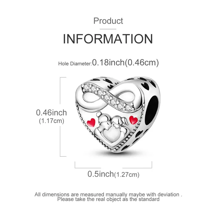 Breloques Cœur Mère-Fille en Argent Sterling 925 avec Zircon Cubique Transparent et Perles Infinies en Émail Rouge