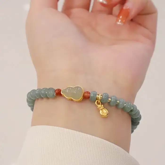 Bracelet de Perles de Boulier d'Eau Bleu Émeraude de Birmanie, Bijou Réglable, Sculpté à la Main, Ac