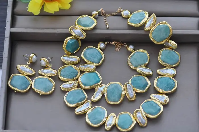Z12115 ensemble 19 "30mm carré améthyste Amazonite blanc Biwa perle collier Bracelet boucle d'oreille
