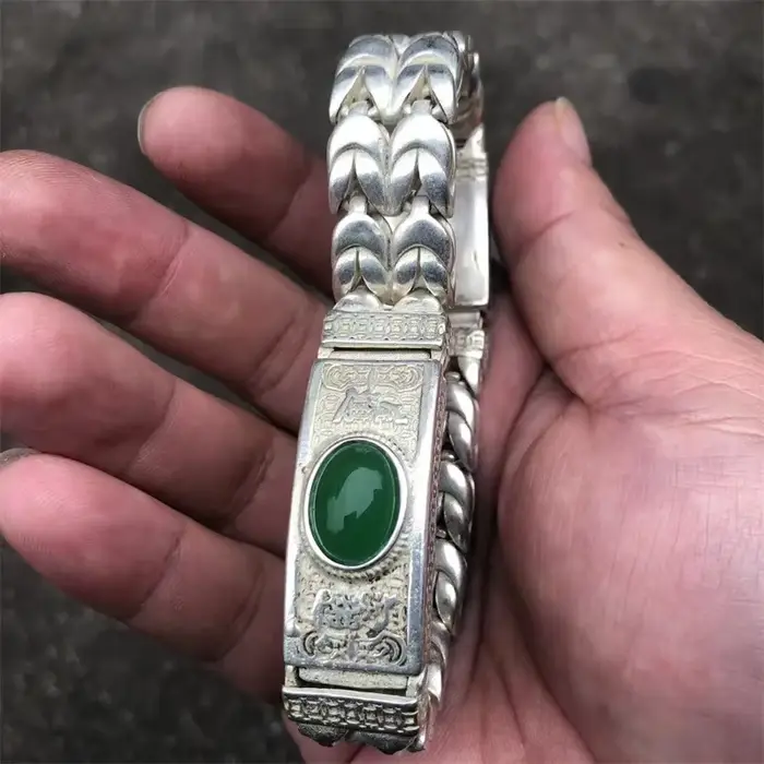 Mai Chuang/argent tibétain Style ethnique rétro faisant vieux Bracelet de pierres précieuses incrust