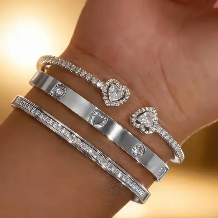 Ensemble de bracelets en acier inoxydable et zircon en forme de cœur, élégant accessoire de bijouter