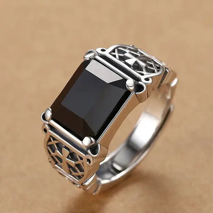 Bague croisée réglable en Onyx noir pour hommes, Style Punk Hip-Hop, Unique, audacieuse, mode de rue