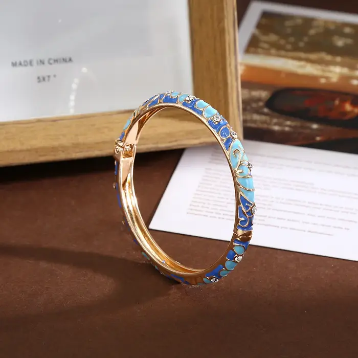 Bracelet vintage en émail cloisonné à motifs floraux et gouttes d'huile