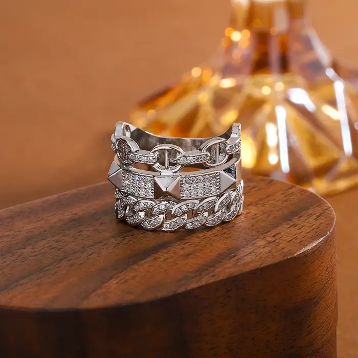 Bagues CZ chaîne 3 couches pour femmes | Anneaux empilables géométriques irréguliers de style punk | Bijoux de doigt